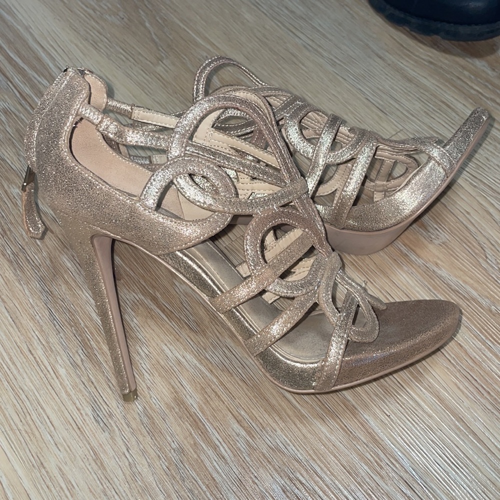 Brian Atwood Gold Metallic Cage Heel. Never Worn